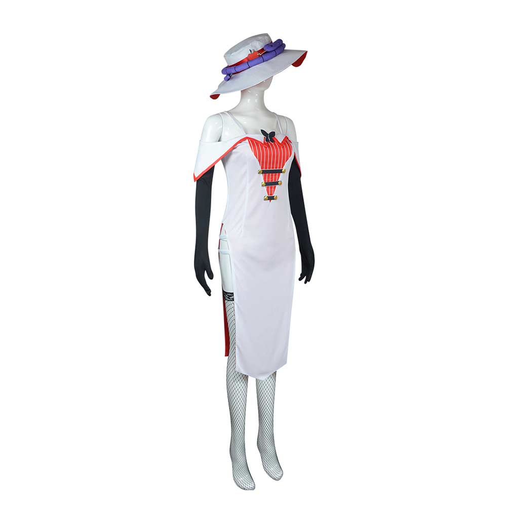 TV Hazbin Hotel Lucifer Morningstar Women White Dress With Hat Cosplay Costume Outfits Halloween Carnival Suit