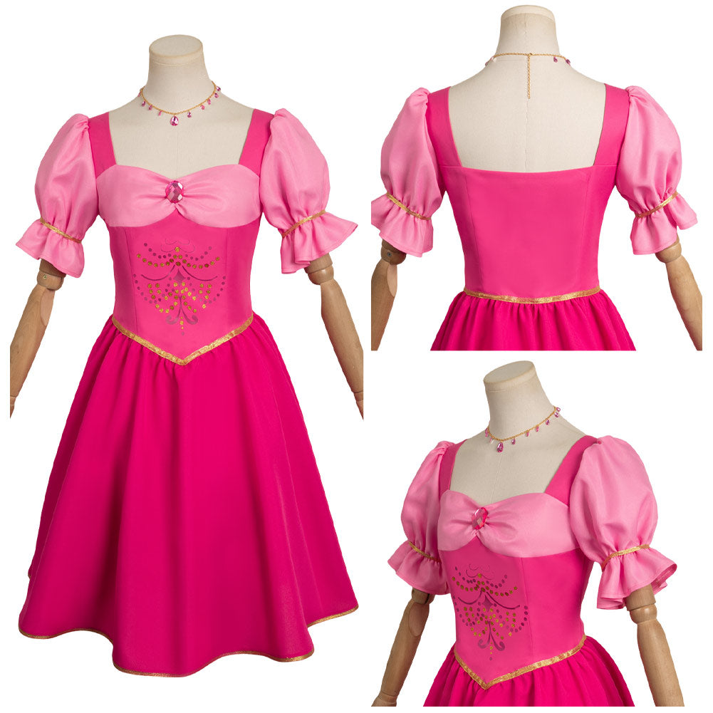 Movie 2023 Barbie Anneliese Pink Long Dress Outfits Party Carnival Hal