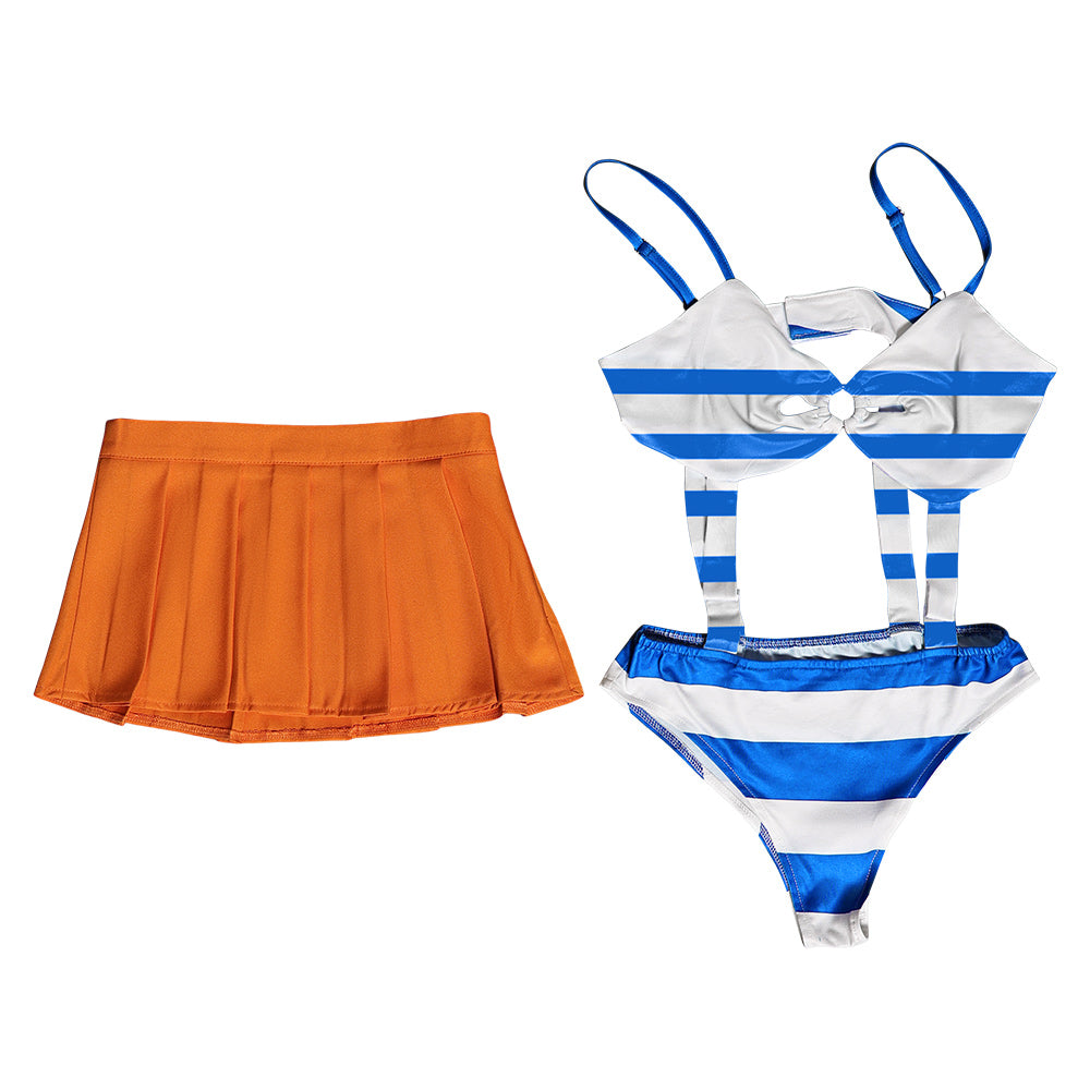 Anime One Piece Nami Women Blue And Orange Swimsuit Cosplay Costume Ou –  TrendsinCosplay