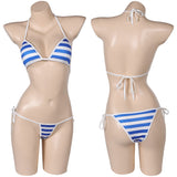 Game Street Fighter Cammy Women Blue Stripe Bikini Set Sexy Swimsuit Cosplay Costume