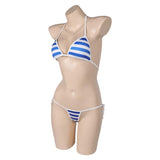 Game Street Fighter Cammy Women Blue Stripe Bikini Set Sexy Swimsuit Cosplay Costume