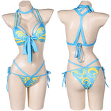 Game Street Fighter Chun Li Women Blue Printed Sexy Bikini Set Swimsuit Cosplay Costume