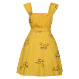 La La Land Mia Women Yellow Printed Dress Cosplay Costume Outfit Halloween Carnival Suit