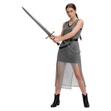 Medieval Renaissance Women Silver Chainmail Sleeveless Mesh Dress Cosplay Costume Outfit Halloween Carnival Suit
