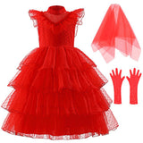 Movie Beetlejuice 2024 Lydia Deetz Kids Children Red Wedding Dress Cosplay Costume