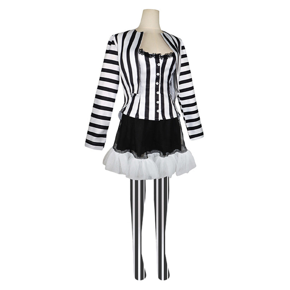 Movie Beetlejuice 2024 Lydia Deetz Women Black White Stripe Dress Cosp TrendsinCosplay Movie Beetlejuice 2024 Lydia Deetz Women Black White Stripe Dress Cosp TrendsinCosplay