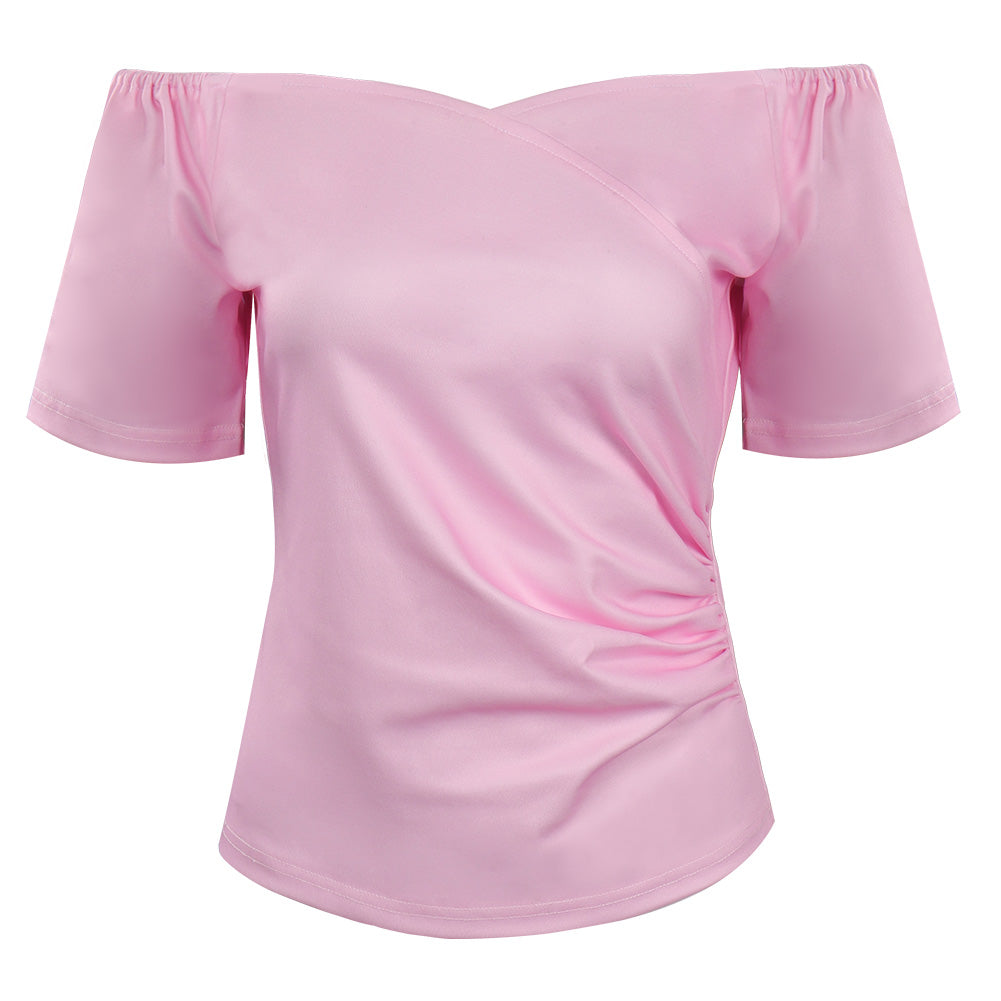 Pink Ladies Grease Cosplay Costume T-shirt Women Pink Off-shoulder Short Sleeve Shirt Top