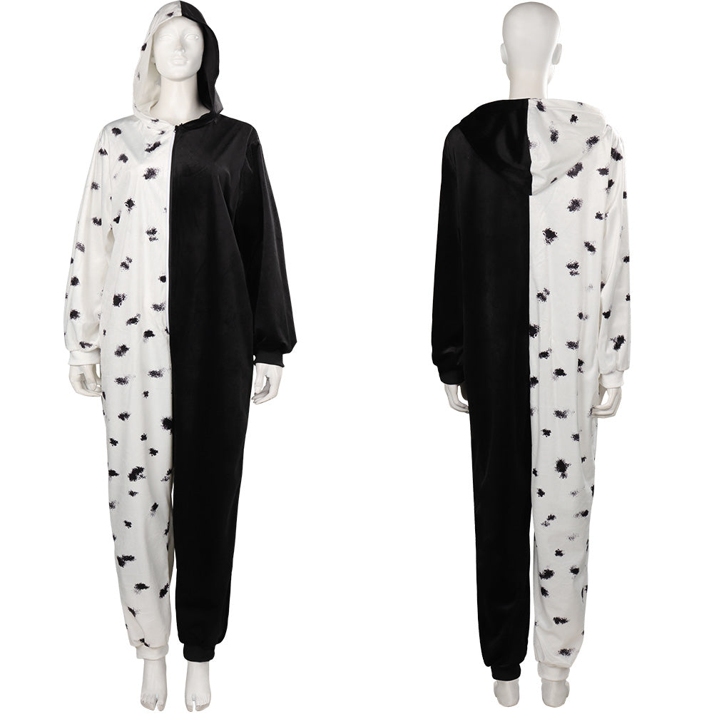 Cruella Cosplay Costume Sleepwear Hooded Jumpsuit Pajams Outfits Halloween Carnival Suit