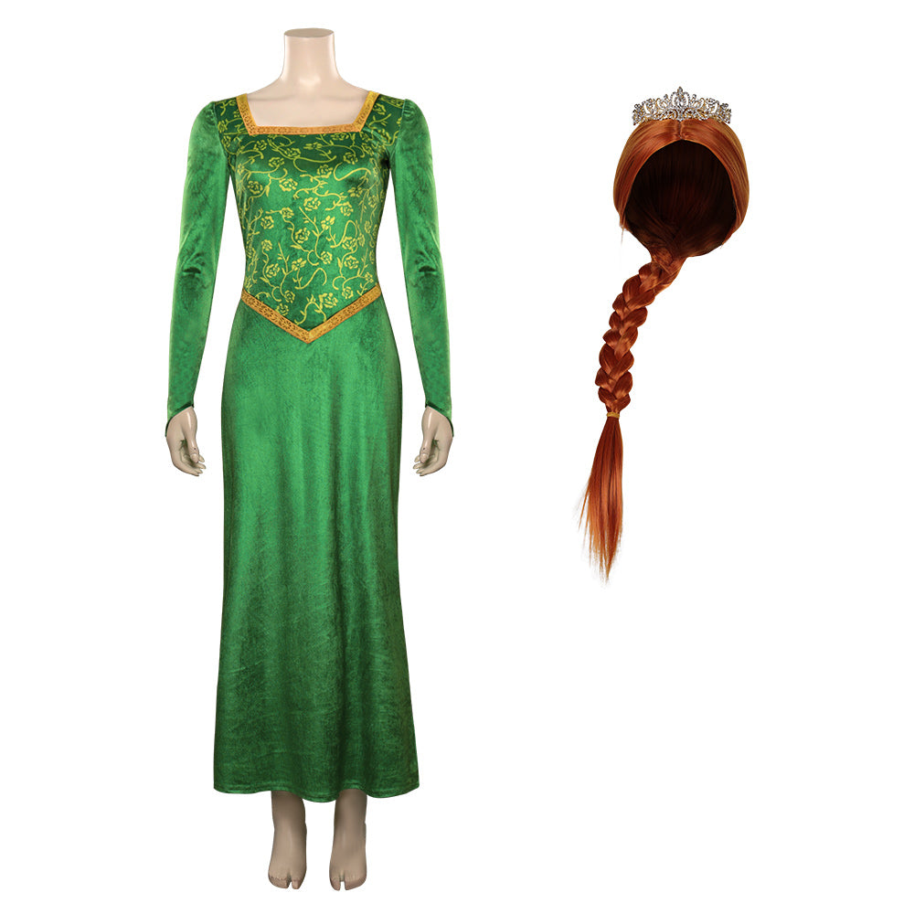 Movie Shrek Princess Fiona Women Green Dress Wig Set Cosplay Costume Outfits Halloween Carnival Suit